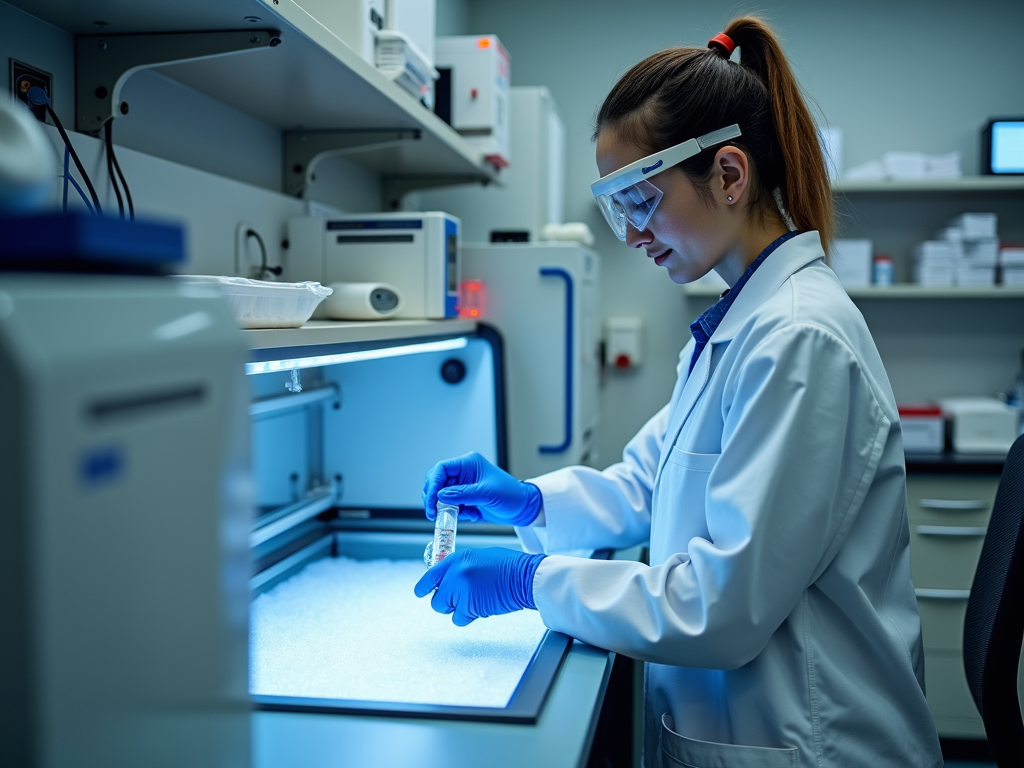 A technician performing fertility preservation in a laboratory.