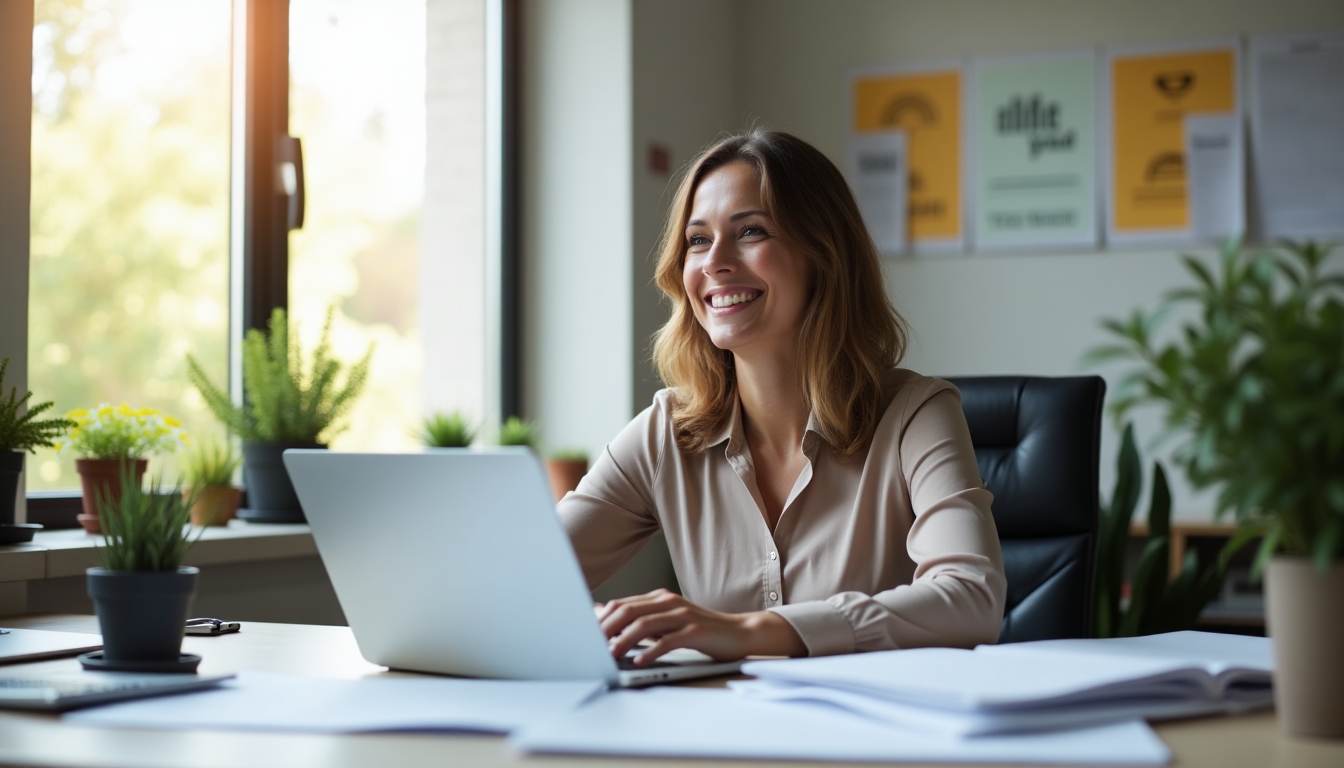 A portrait of a smiling woman successfully balancing her career and family planning, holding a tablet in an office setting.