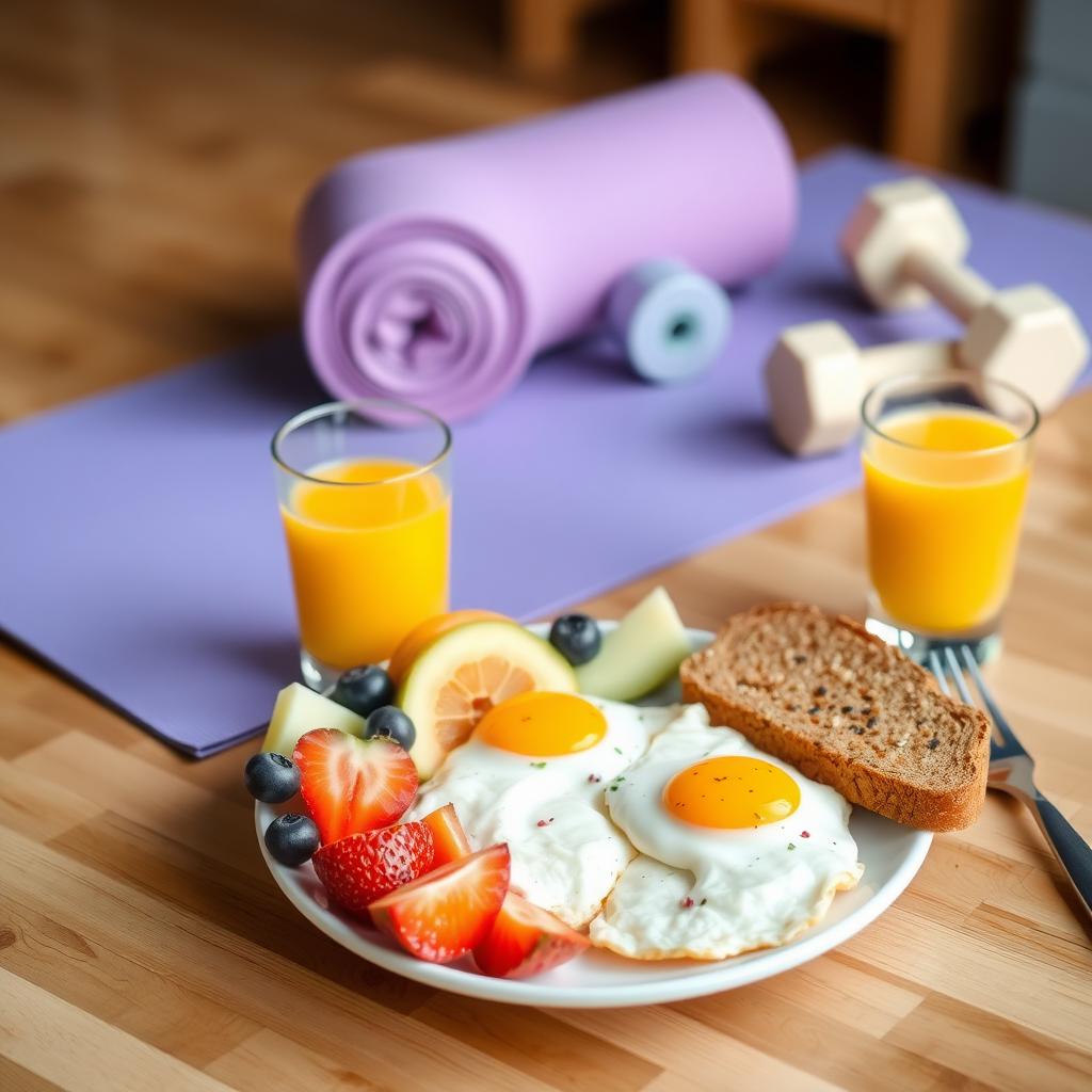 Healthy breakfast with fruits, eggs, toast, and yoga mat in the background.