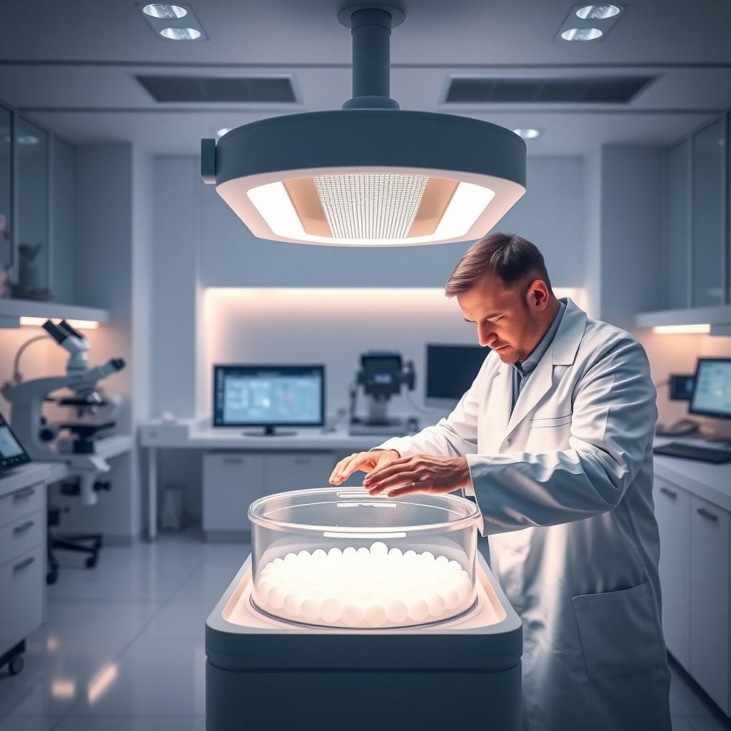 A scientist in a white coat works with a cryopreservation tank in a modern fertility clinic lab.