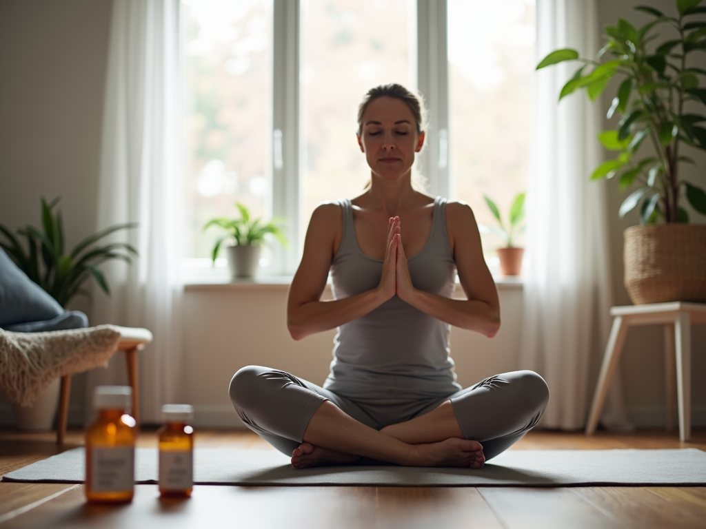 Woman over 35 practicing yoga in a living room with a fertility drug bottle on a table.