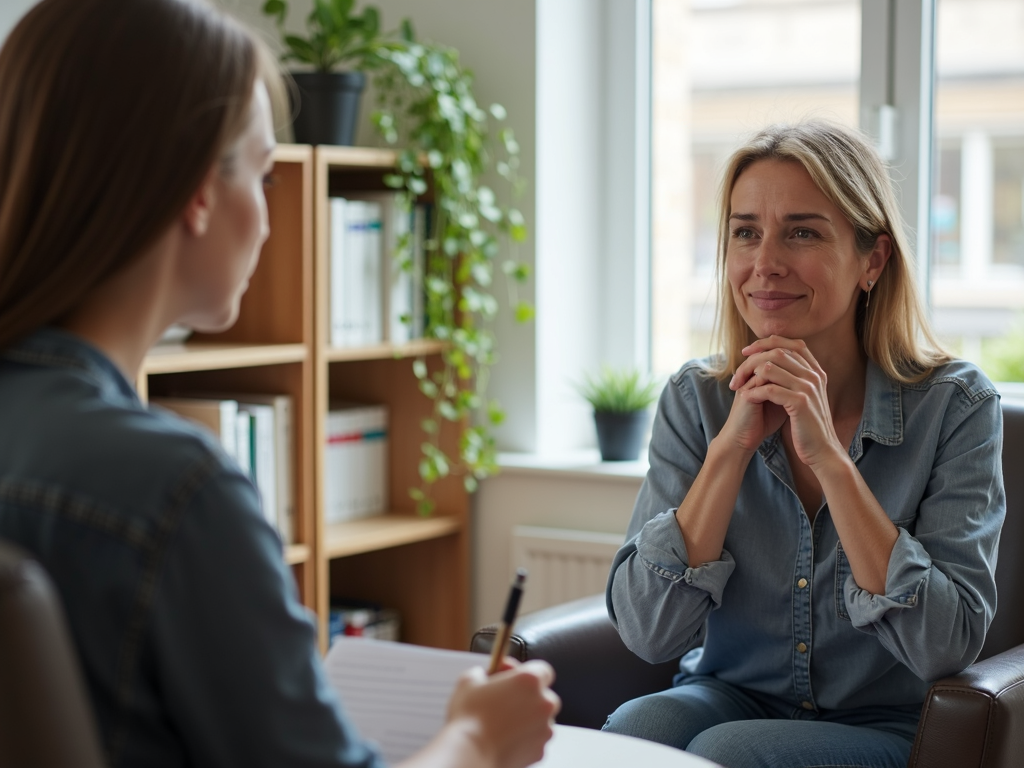 Someone meeting with a counselor for IVF emotional support.