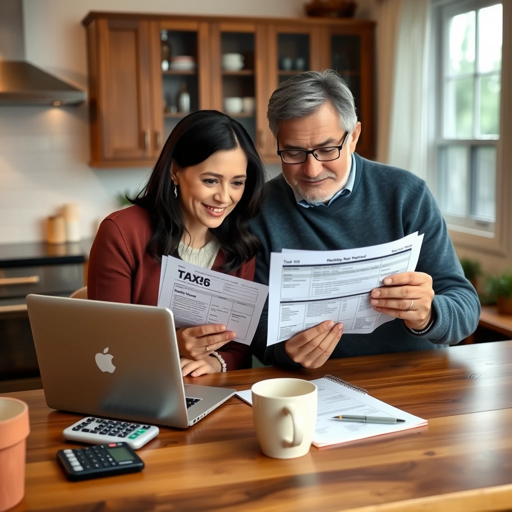 Couple reviewing medical bills and tax forms
