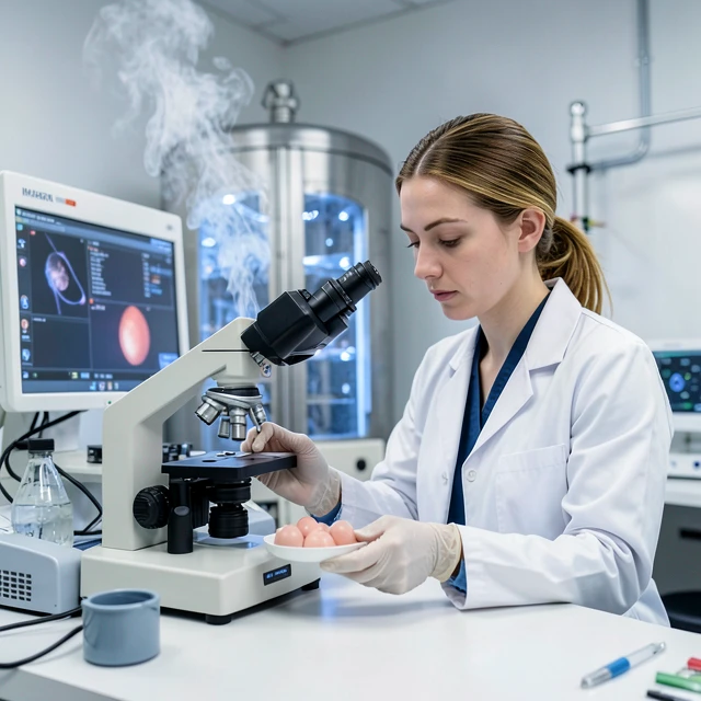Embryologist working with eggs in a fertility lab during the freezing process