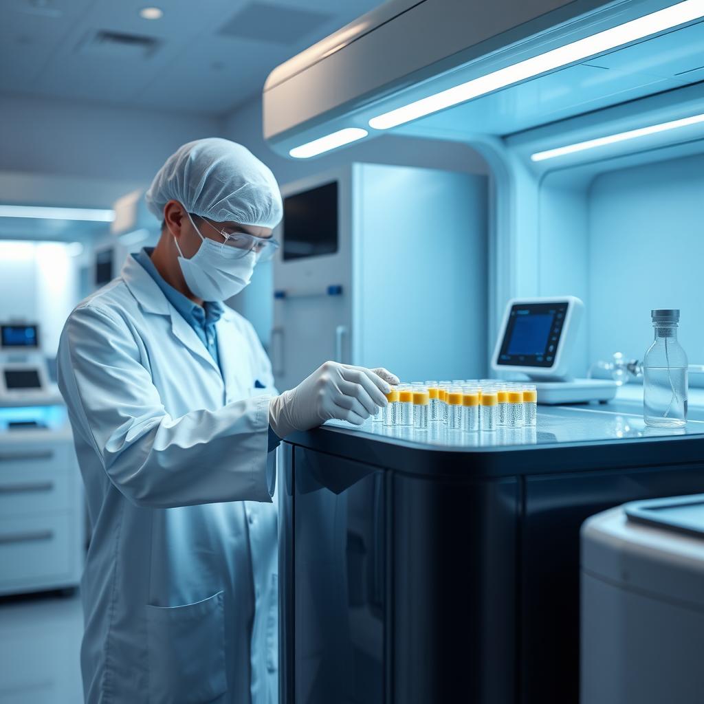 A scientist in a fertility clinic lab handles frozen vials in a cryopreservation tank.