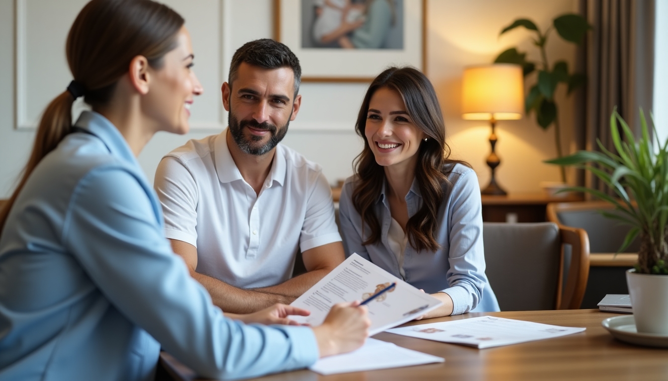 An engaging consultation session at a fertility clinic, showing a couple discussing options with a doctor gesturing towards informational brochures.