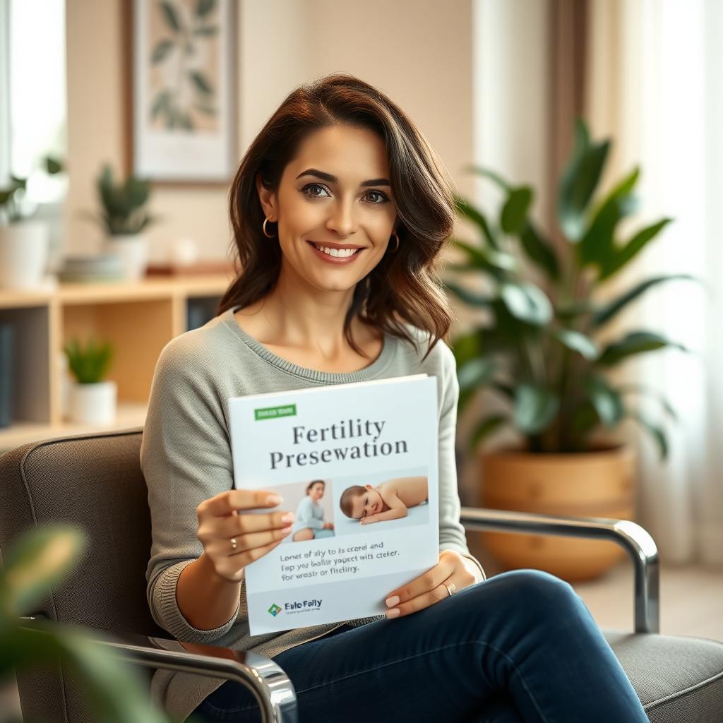 Woman reading fertility preservation pamphlet in a clinic waiting room