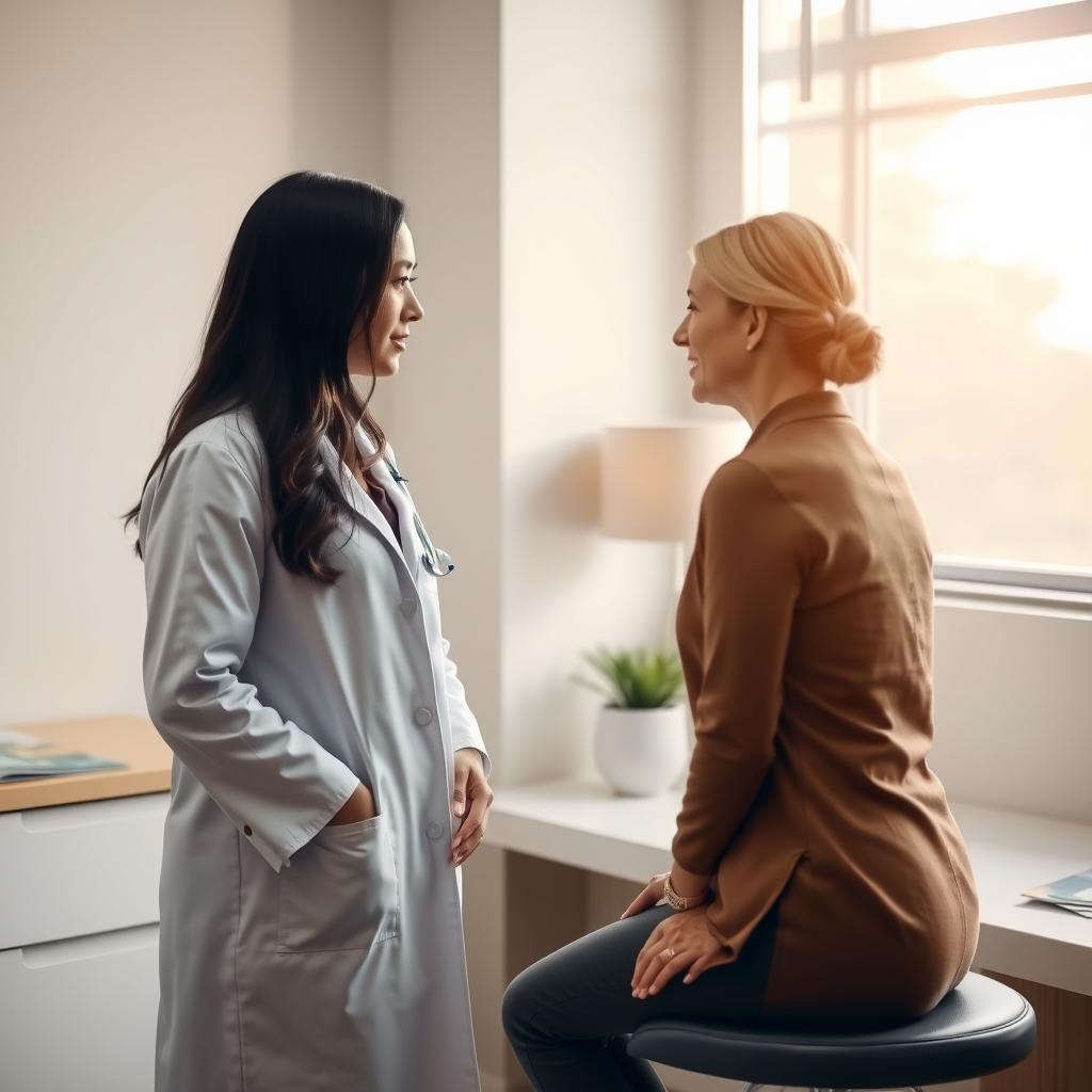 A doctor in a fertility clinic discussing preservation options with a woman in a consultation room.