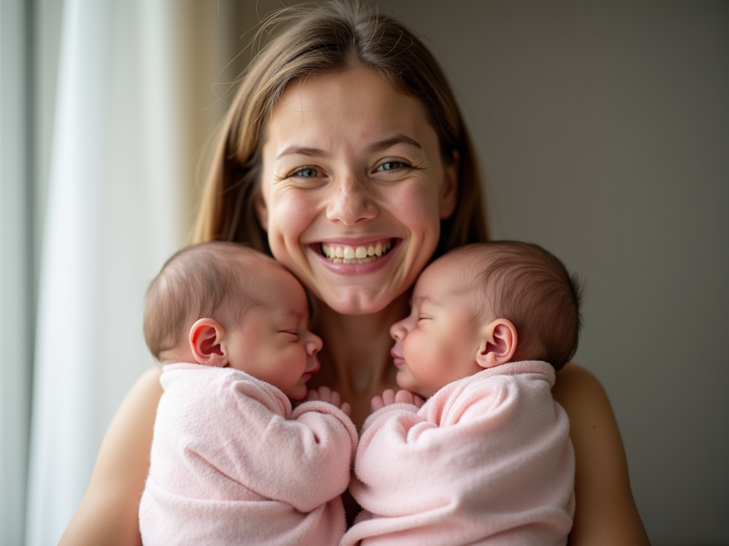 Mother with newborn twins after fertility treatment