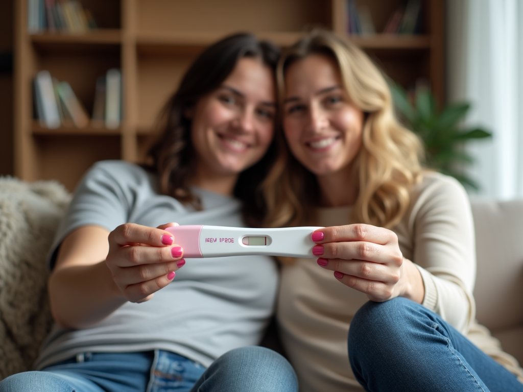 A couple celebrating a positive pregnancy test, reflecting joy after a successful IVF journey.