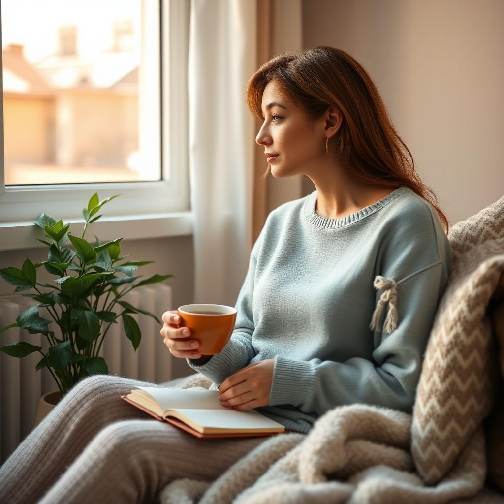 A woman reflects thoughtfully while sitting in a cozy room with a cup of tea.