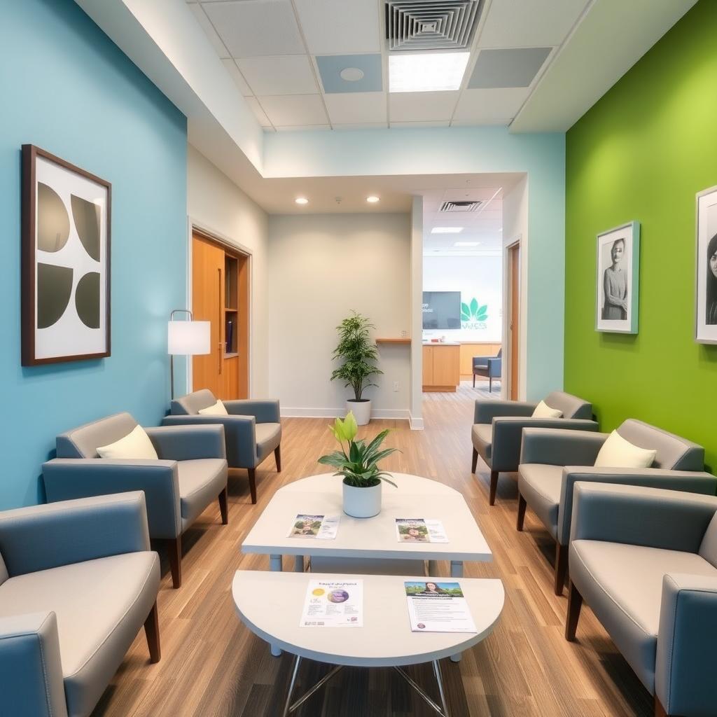 A modern fertility clinic waiting room with calming blue and green decor, comfortable seating, and a welcoming atmosphere.