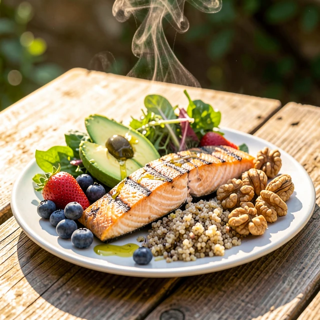 Plate of hormone-balancing foods including salmon, avocado, berries, greens, nuts, and grains