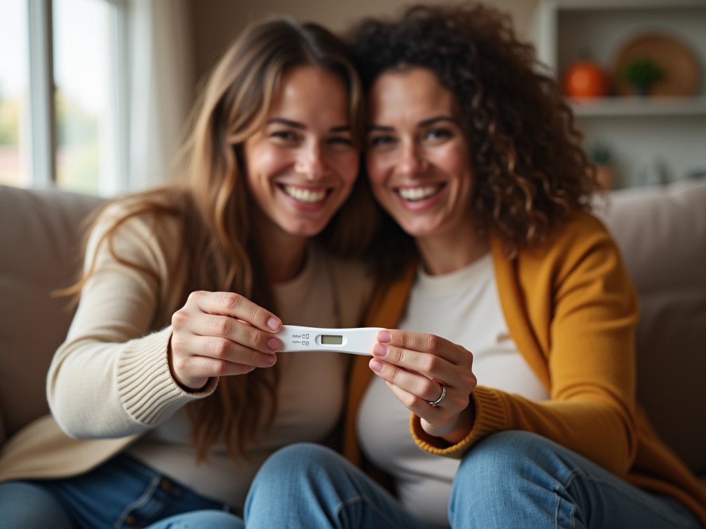 A young couple celebrating a positive pregnancy test result at home.