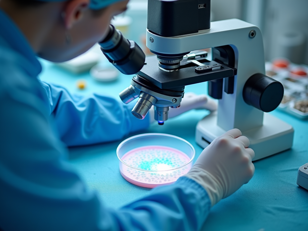Embryologist focused on IVF work in a high-tech fertility clinic lab.