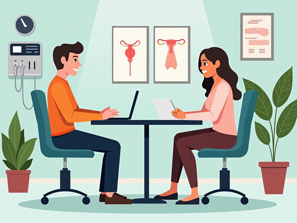 A couple discussing assisted reproductive technologies with a fertility specialist in a clinic.