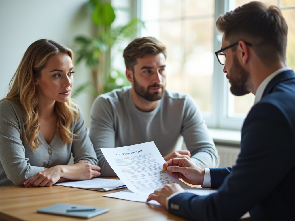 Lawyer discussing a surrogacy contract with a couple in an office.
