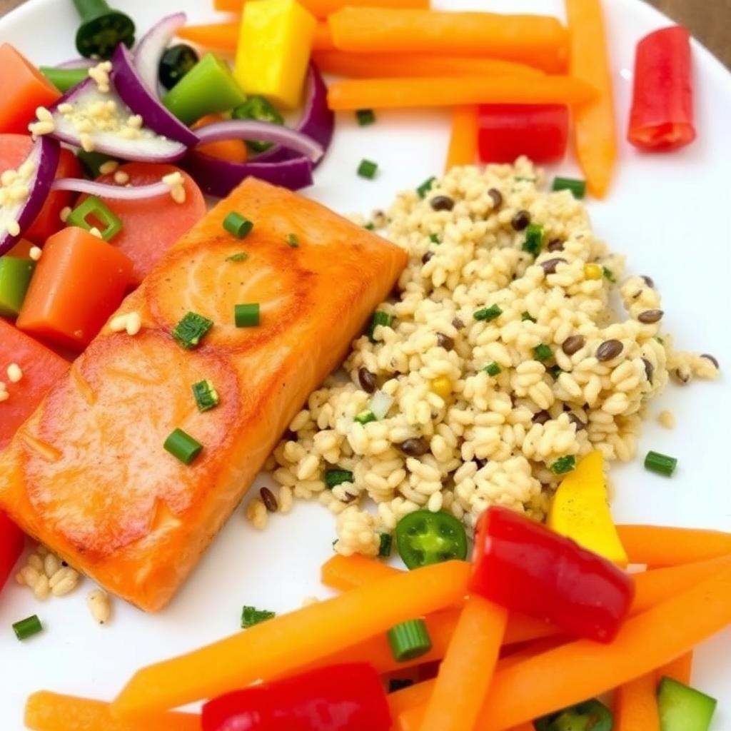 A healthy plate brimming with fresh vegetables, fish, and whole grains.
