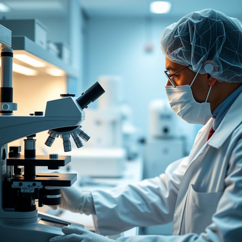 Laboratory technician analyzing a semen sample under a microscope