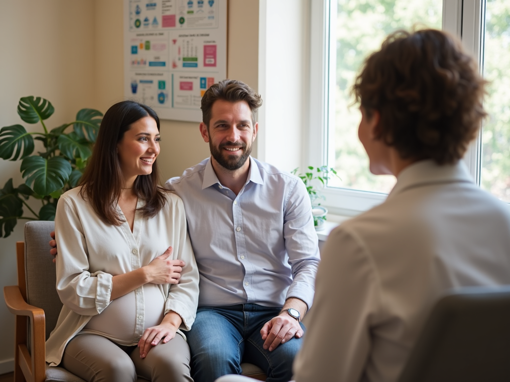 Couple consulting with fertility specialist about sperm and egg banking options.