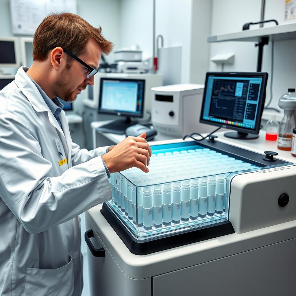 Scientist handling frozen vials in a cryogenic storage lab for fertility preservation