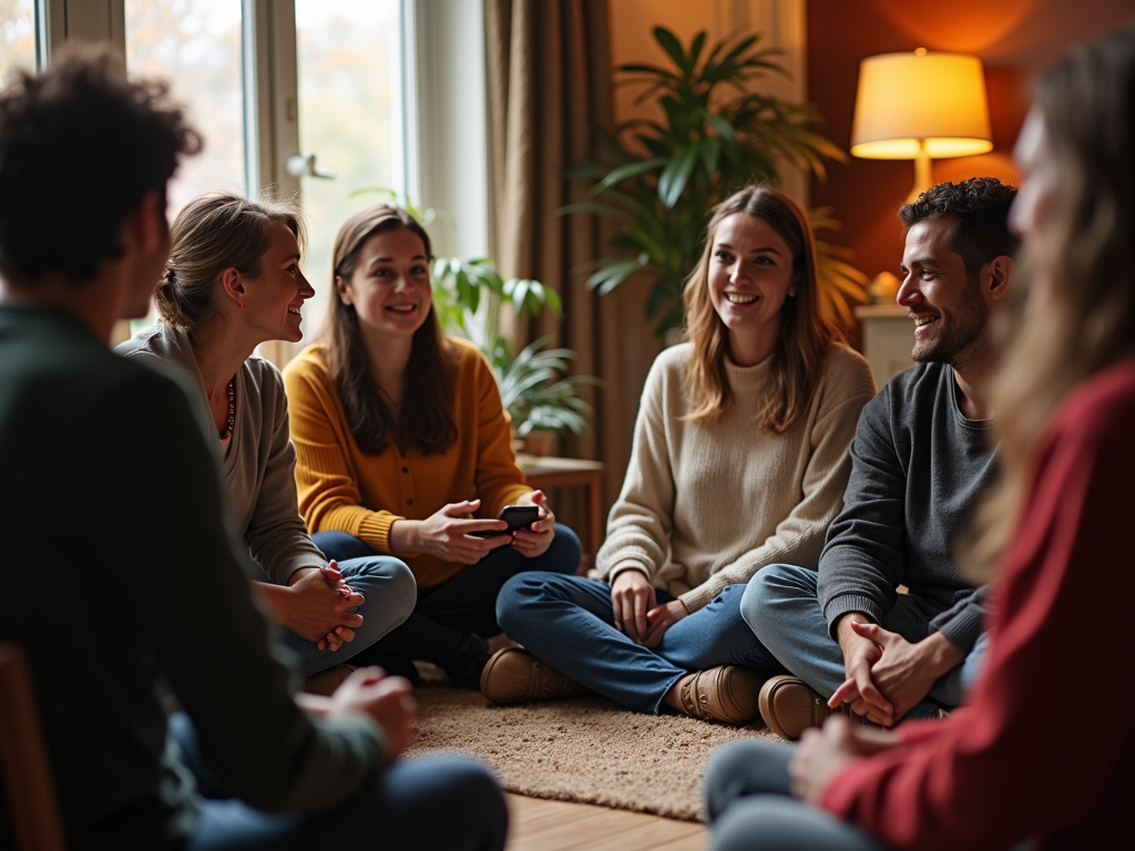 A group of individuals supporting each other in a warm, welcoming circle during an infertility support meeting.