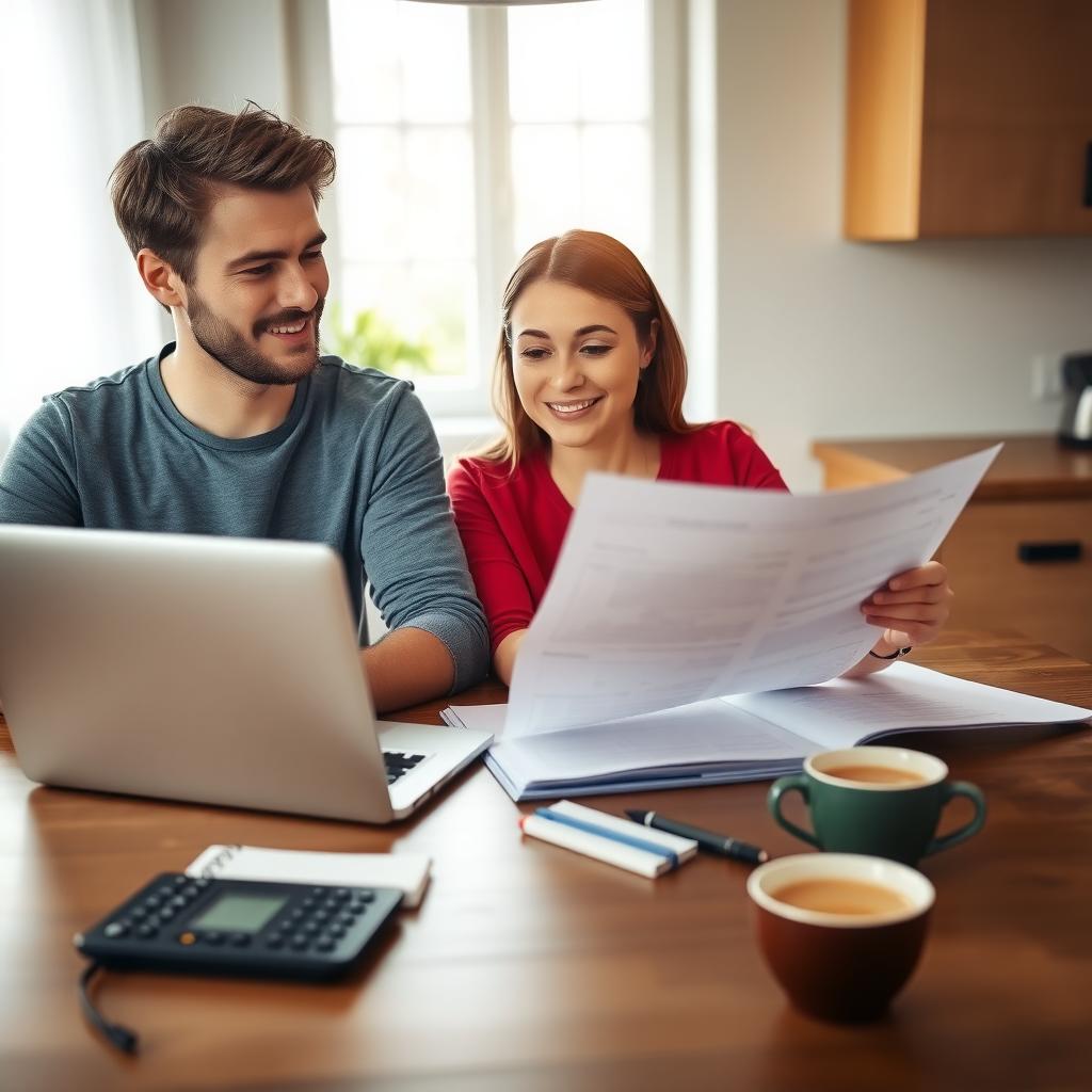 Young couple reviewing tax documents at a kitchen table with a laptop and coffee.