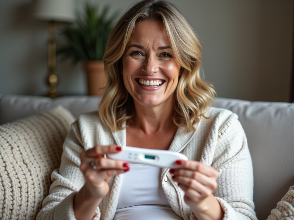 Woman over 35 happily looking at a positive pregnancy test on a couch.