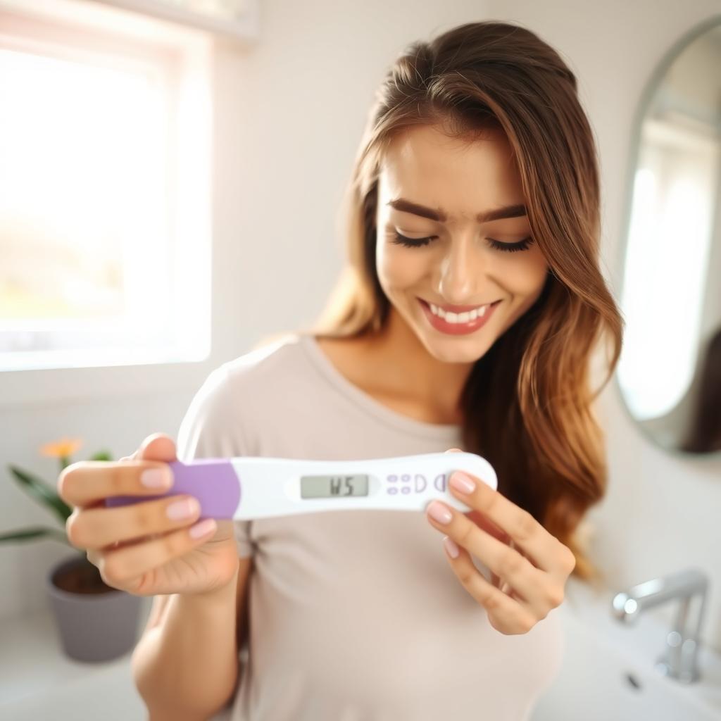 Woman holding a positive pregnancy test in a bright bathroom with sunlight.