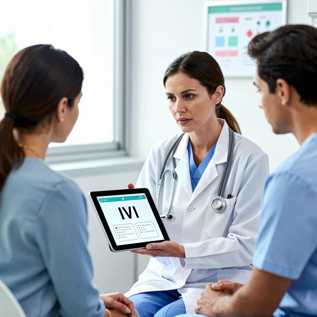 Doctor discussing IVF process with a couple in a clinic