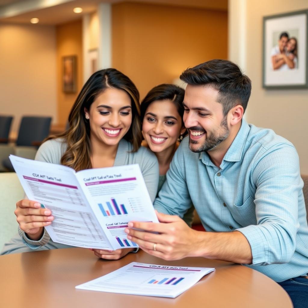 Couple reviewing a CDC ART Data Tool report in a fertility clinic waiting room.