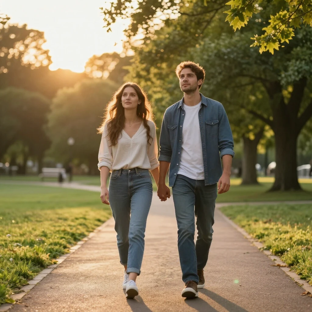 A couple walking hand in hand at sunset in a park, representing hope and perseverance on the infertility journey
