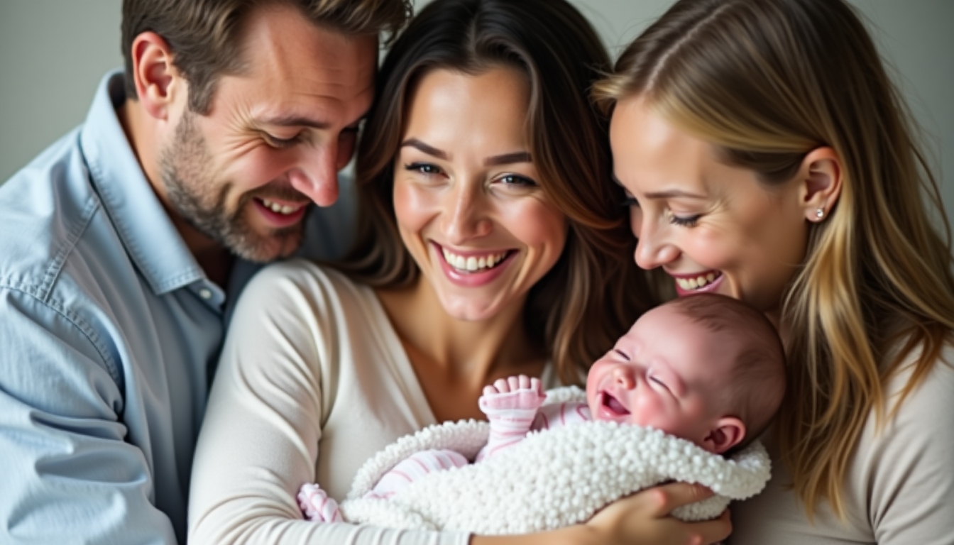A family embracing new life after overcoming fertility challenges.