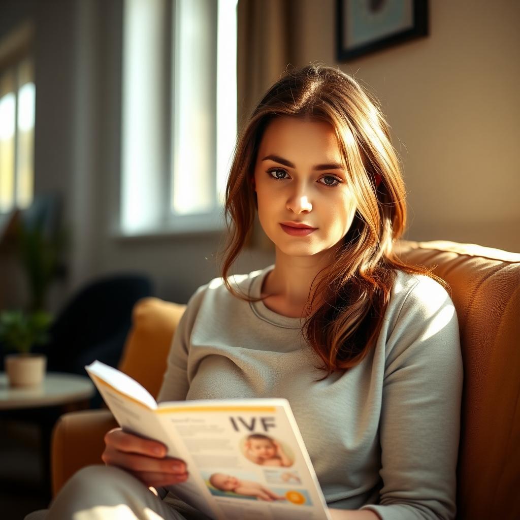 A woman reading an IVF pamphlet in a cozy living room