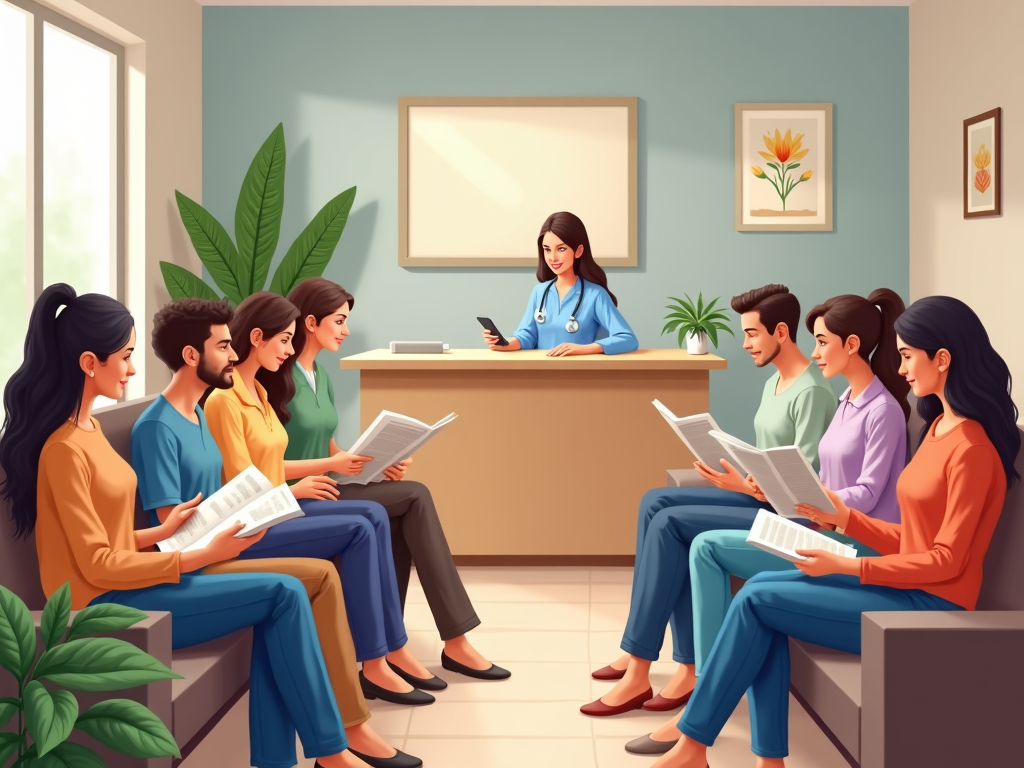 Patients wait in a fertility clinic's calming waiting room, reflecting the mix of emotions involved in the fertility journey.