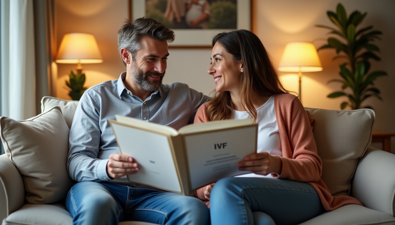 A thoughtful couple reviewing IVF and fertility preservation brochures in their living room.