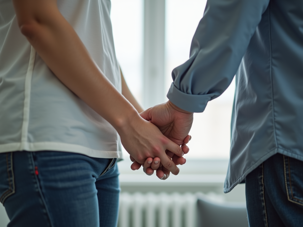 Couple holding hands in a fertility clinic