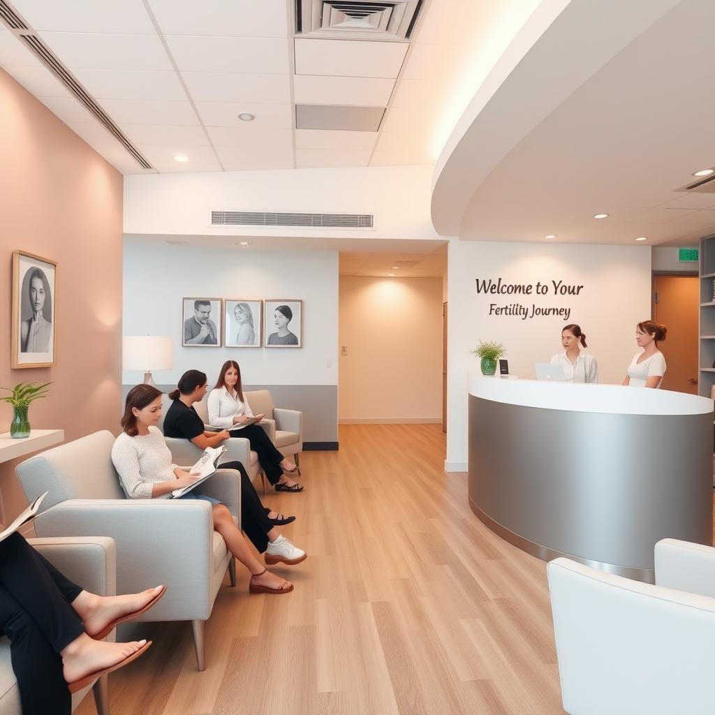 A welcoming fertility clinic waiting room with a friendly receptionist.