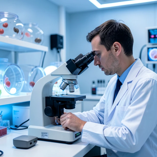 Modern IVF laboratory with embryologist working on embryos