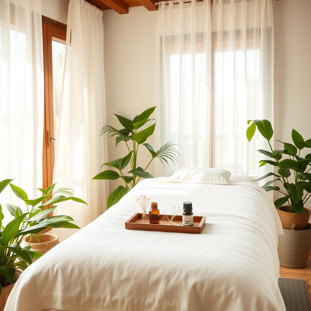 Cozy acupuncture room with a treatment table, green plants, and soft sunlight filtering through curtains.