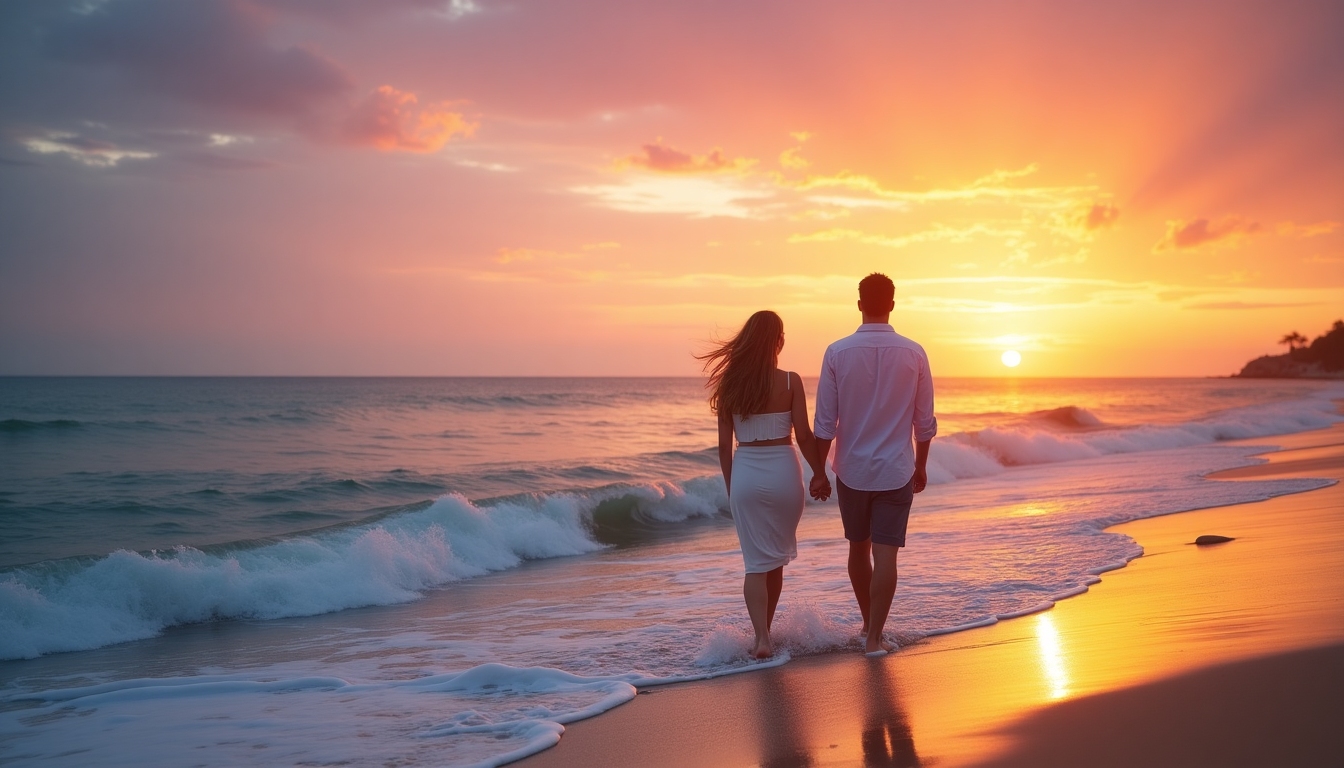 A peaceful landscape with a couple walking hand-in-hand by the sea, symbolizing hope and future planning.