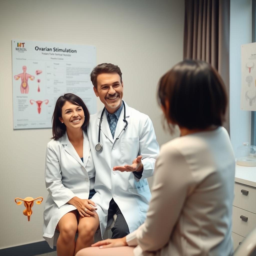 Doctor in a medical office explaining ovarian stimulation with a chart and model.