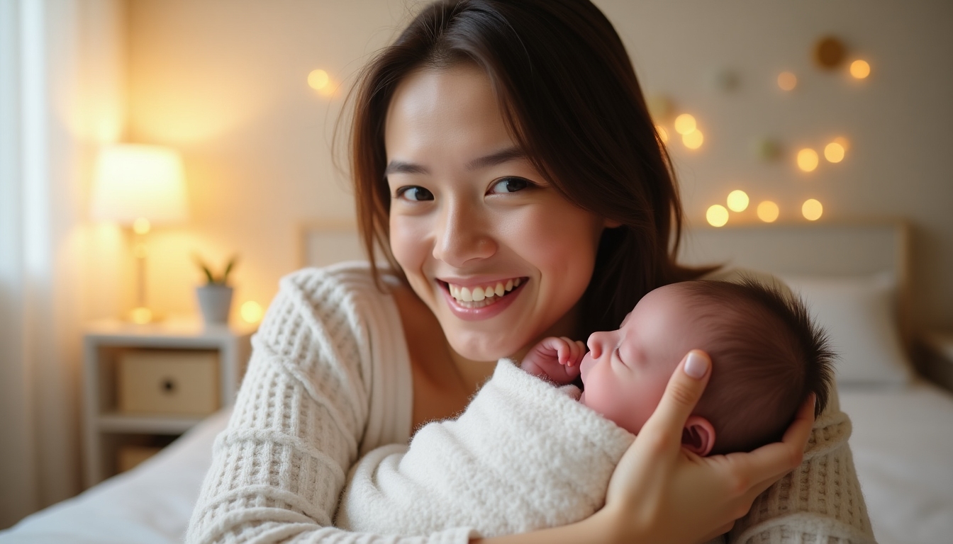 A mother holding a newborn happily, surrounded by soft colors