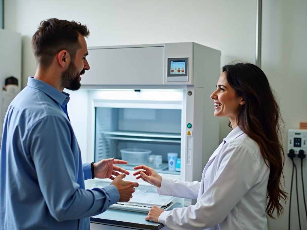 Embryo freezing clinic with laboratory equipment and healthcare provider.