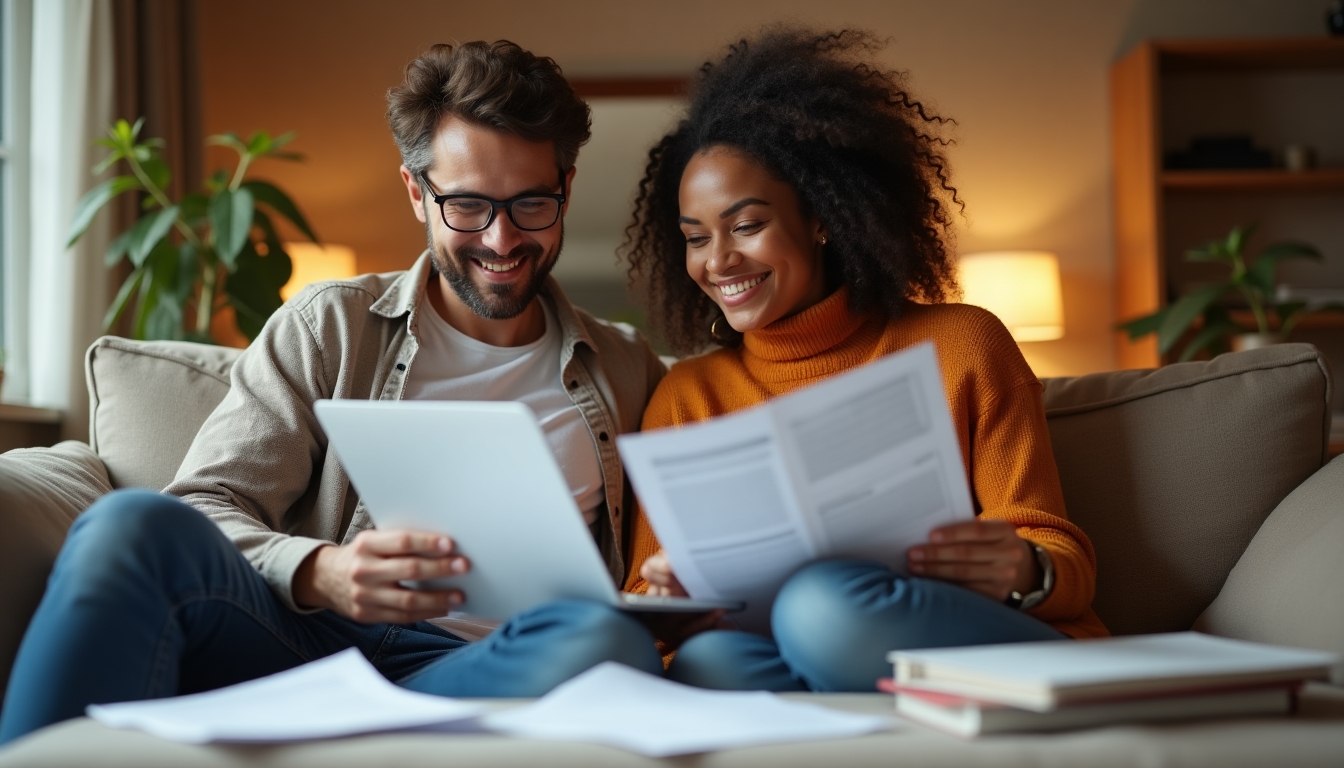 A diverse international couple exploring financial documents on a couch, looking hopeful.