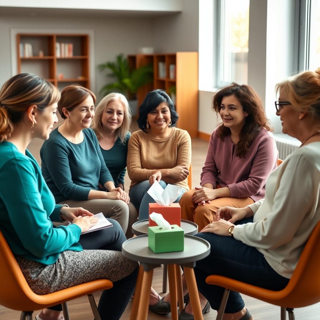 A group of women in a support group share experiences in a bright community center.