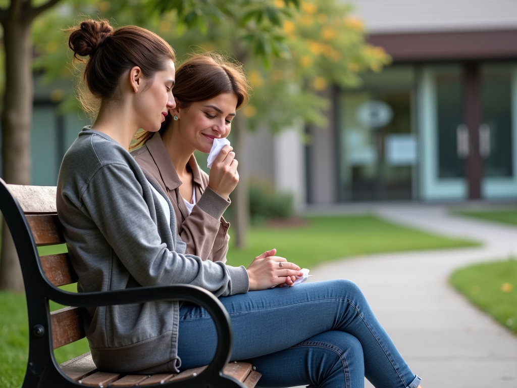 Woman feeling emotional support outside fertility clinic