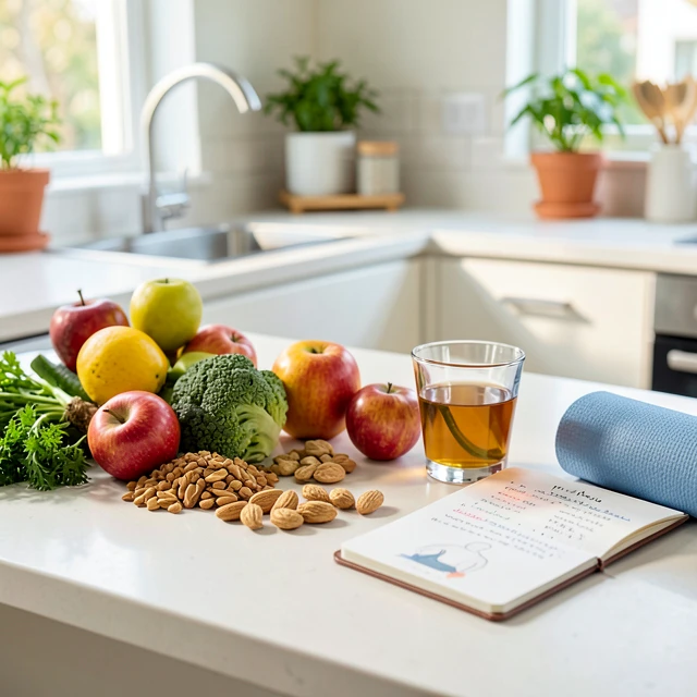 Healthy lifestyle elements including meditation notes to naturally boost fertility