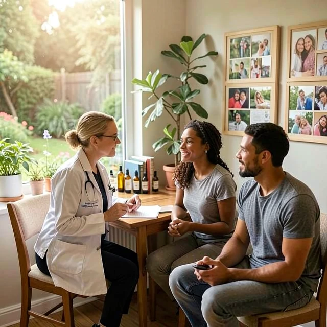 Fertility specialist consulting with couple on holistic fertility plan in peaceful office