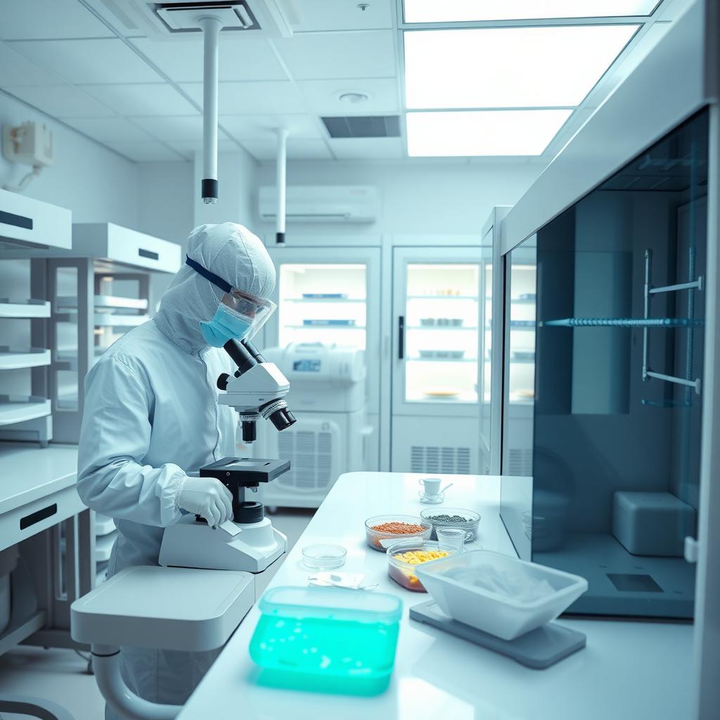 Fertility clinic laboratory with a scientist working at a microscope